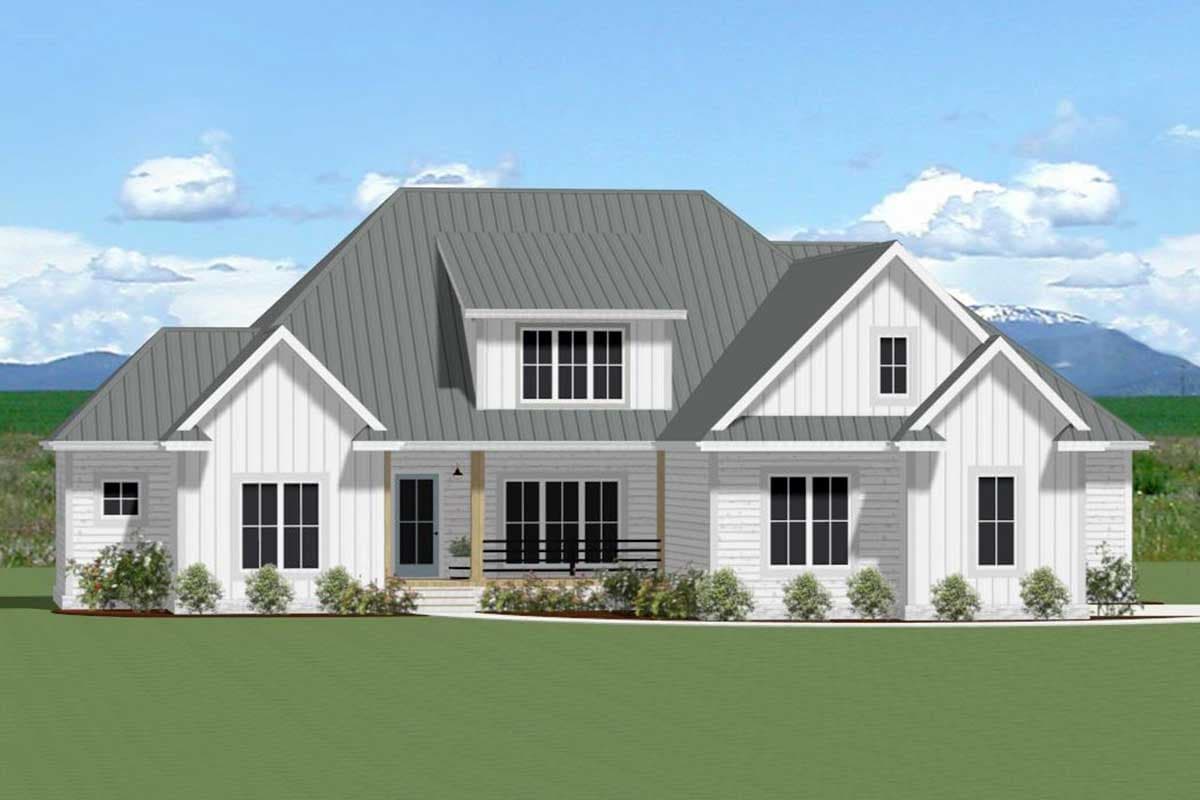 House plan exterior. Modern farmhouse style with gabled roof, dormers, and a covered porch. Features multiple windows and a metal roof.