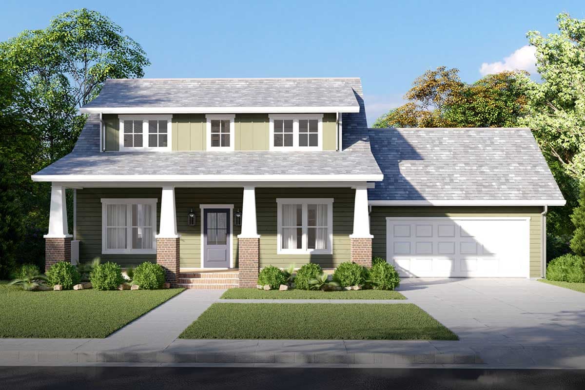 House plan exterior. Two-story Craftsman home with a front porch supported by columns. Features include gabled roof, dormers, and attached garage.