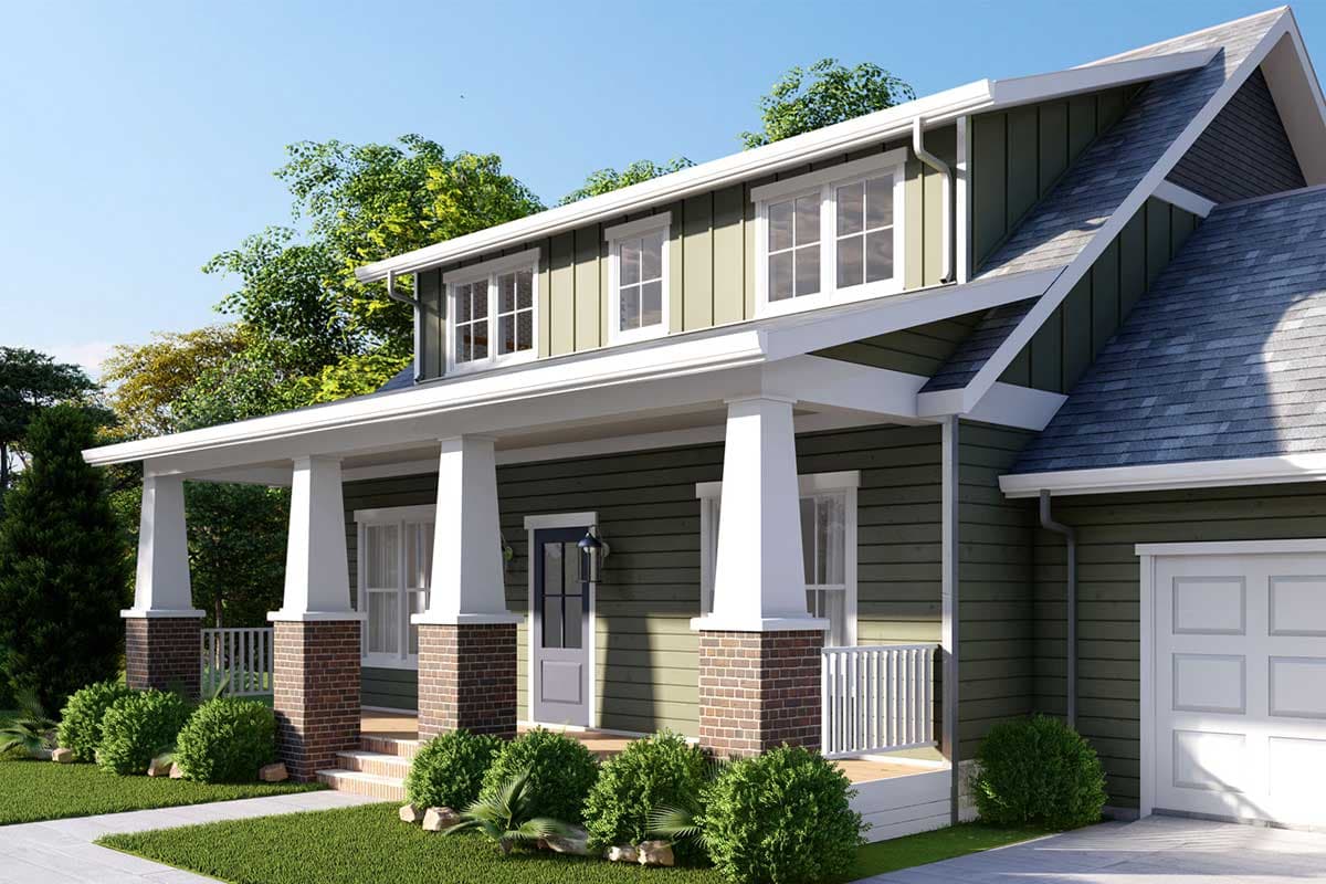 House plan exterior: Two-story Modern Farmhouse with wrap-around porch, dormer windows, and attached garage.