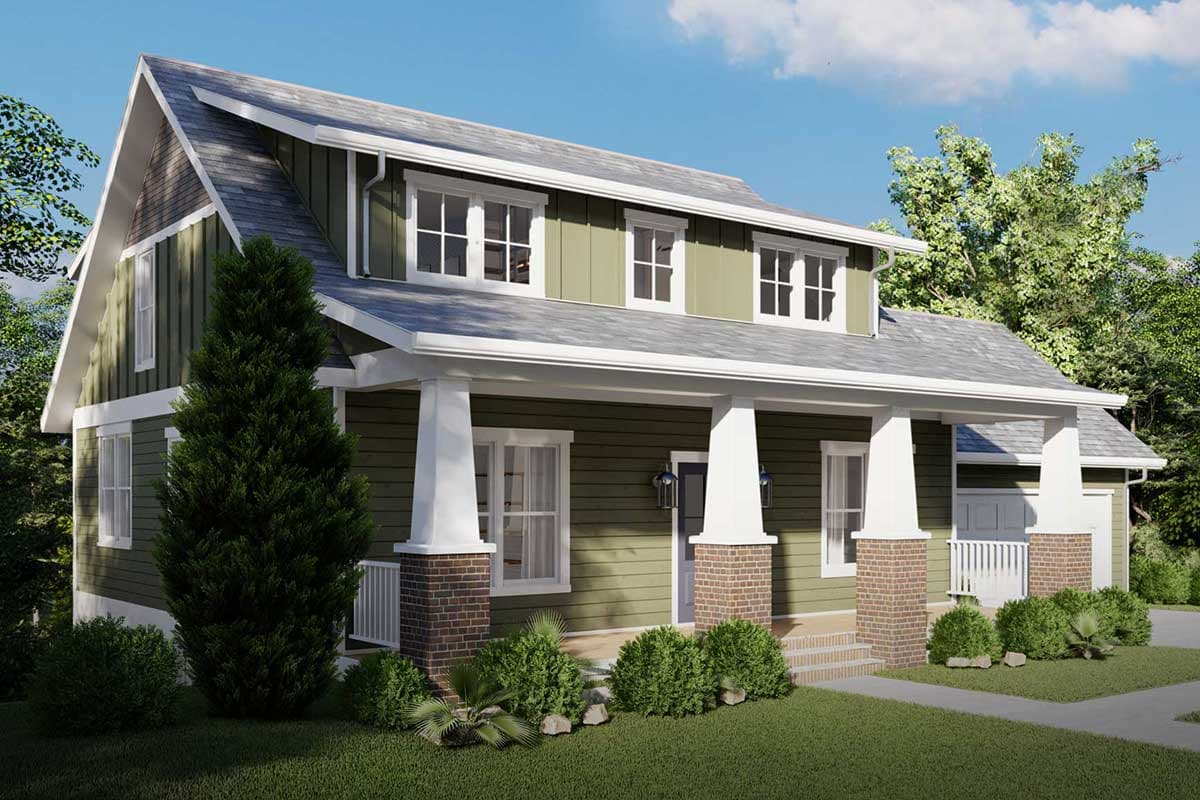 House plan exterior featuring a two-story Modern Farmhouse with a covered front porch, gable roof, and vertical siding.