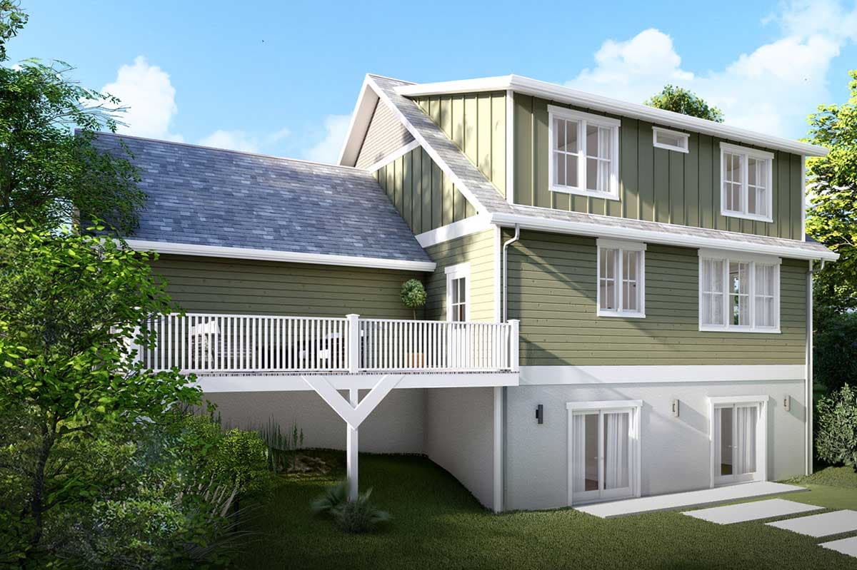 House plan exterior: Two-story Modern Farmhouse with white deck, gables, and multiple windows.