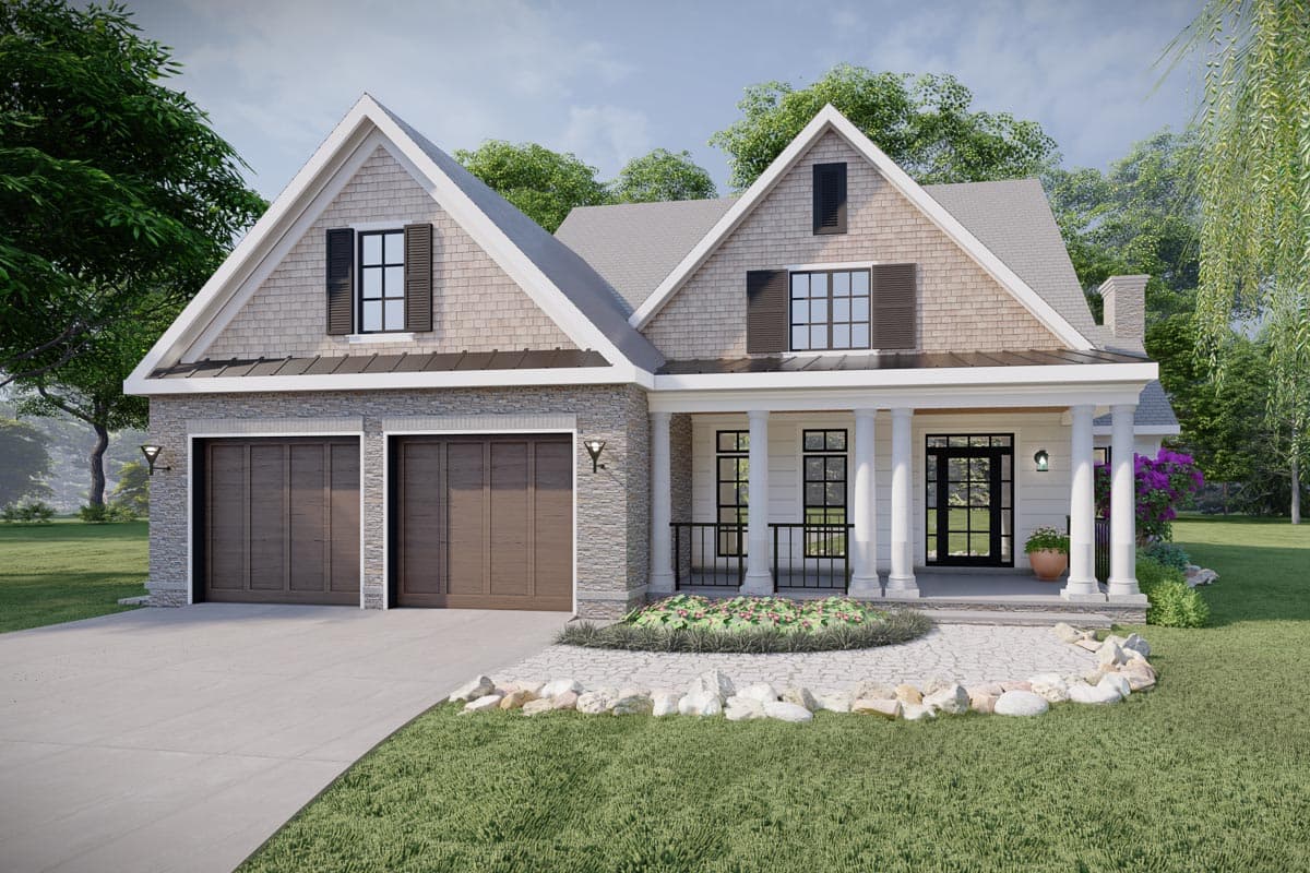 House plan exterior. Two-story Craftsman home with a front porch with columns, gabled roof, and two-car garage with stone facade.