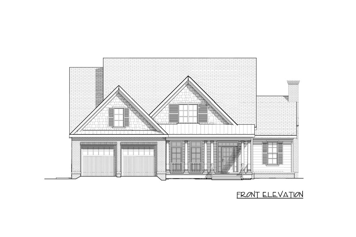 Front elevation of a two-story house plan with a three-car garage, gabled dormers, and a covered front porch with columns.