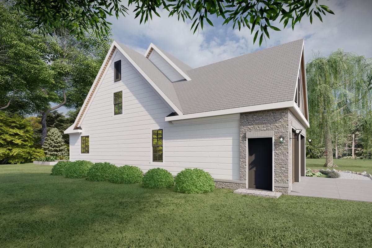 House plan exterior: Modern gabled rooflines, white horizontal siding, stone-clad garage facade, and multiple windows.