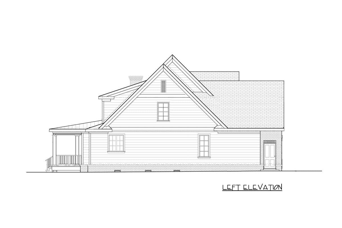 Left elevation drawing of a two-story house plan with a prominent gable, covered porch, and dormer.
