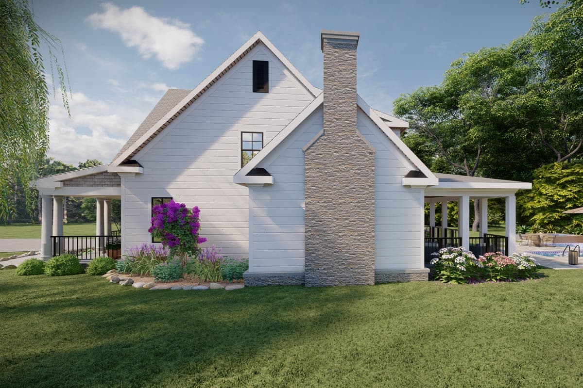 Modern Farmhouse house plan exterior with stone chimney, gables, and covered porch.