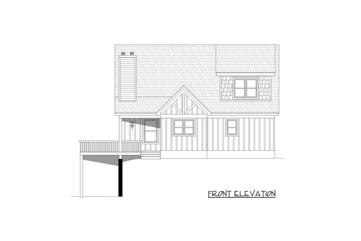 Front elevation drawing of a two-story house plan featuring a prominent gable, covered porch, and dormer window.