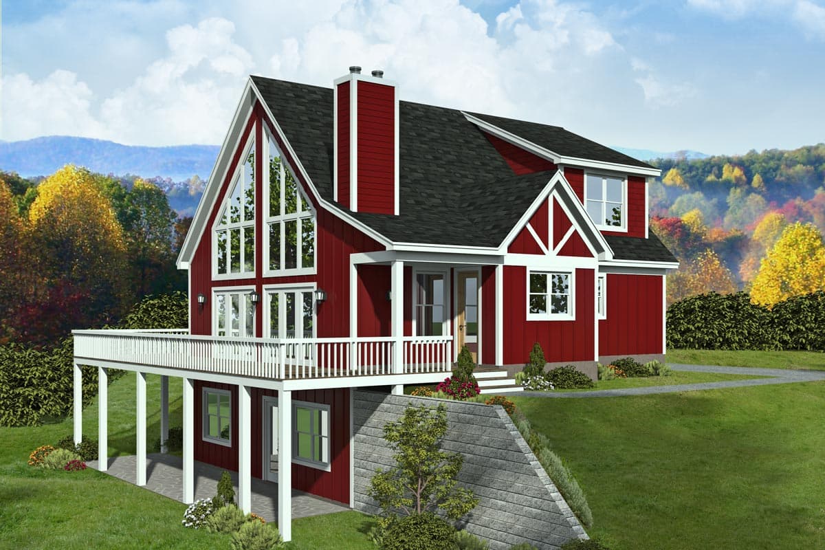 House plan exterior with two stories, a gabled roof, a large windowed gable, and a raised porch. Features a red exterior with white trim.