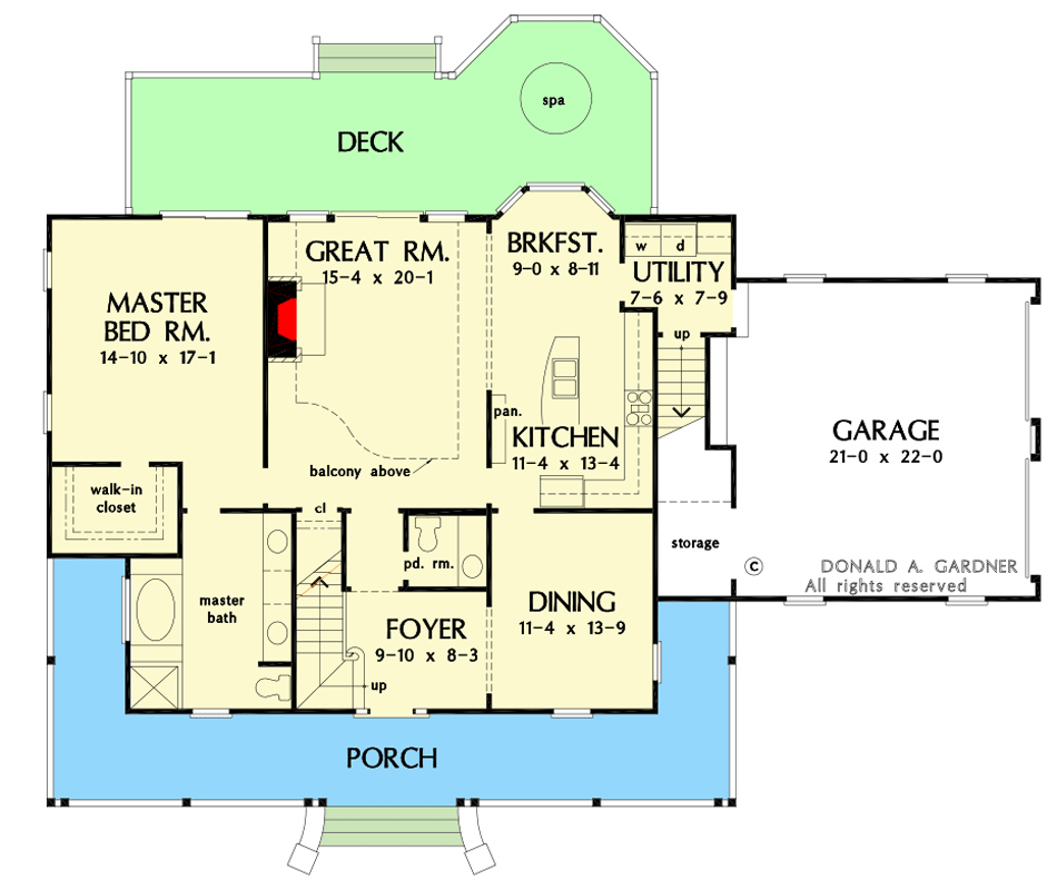 Plan 444176GDN: Classic 2-story Farmhouse with Balcony Overlook - Floor Plan - Main Level - Country, Farmhouse, Traditional