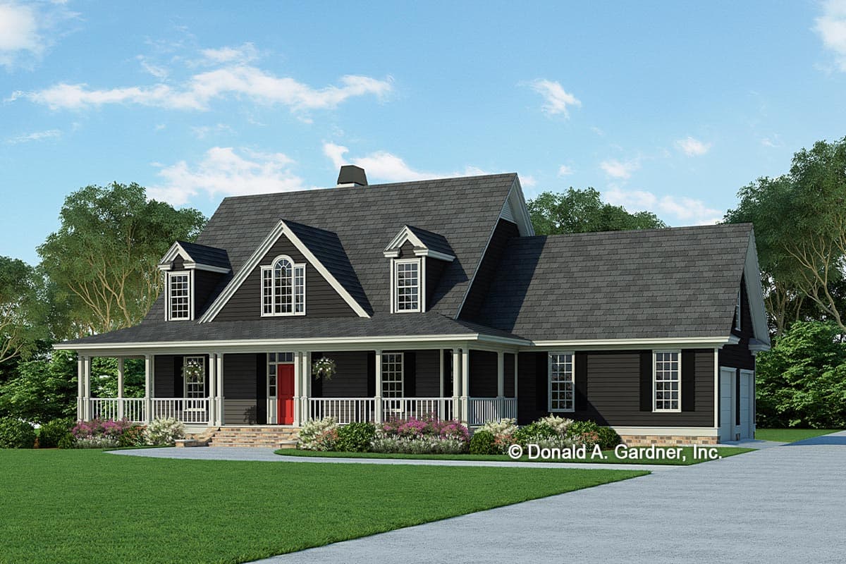 House plan exterior featuring a two-story Colonial style with a wraparound porch, gabled roof, and dormers.