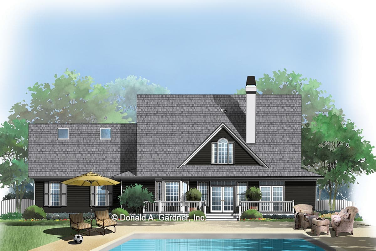 House plan exterior: Dark siding, multi-story, prominent gabled dormer with arched window, covered porch, and dormer windows.
