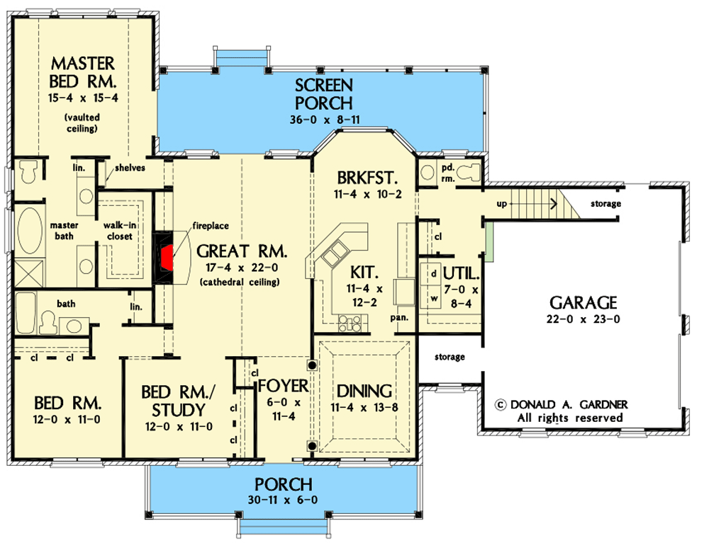 Plan 444177GDN: Traditional One-level House Plan with Bonus Room over Garage - Floor Plan - Main Level - Country, Ranch, Traditional