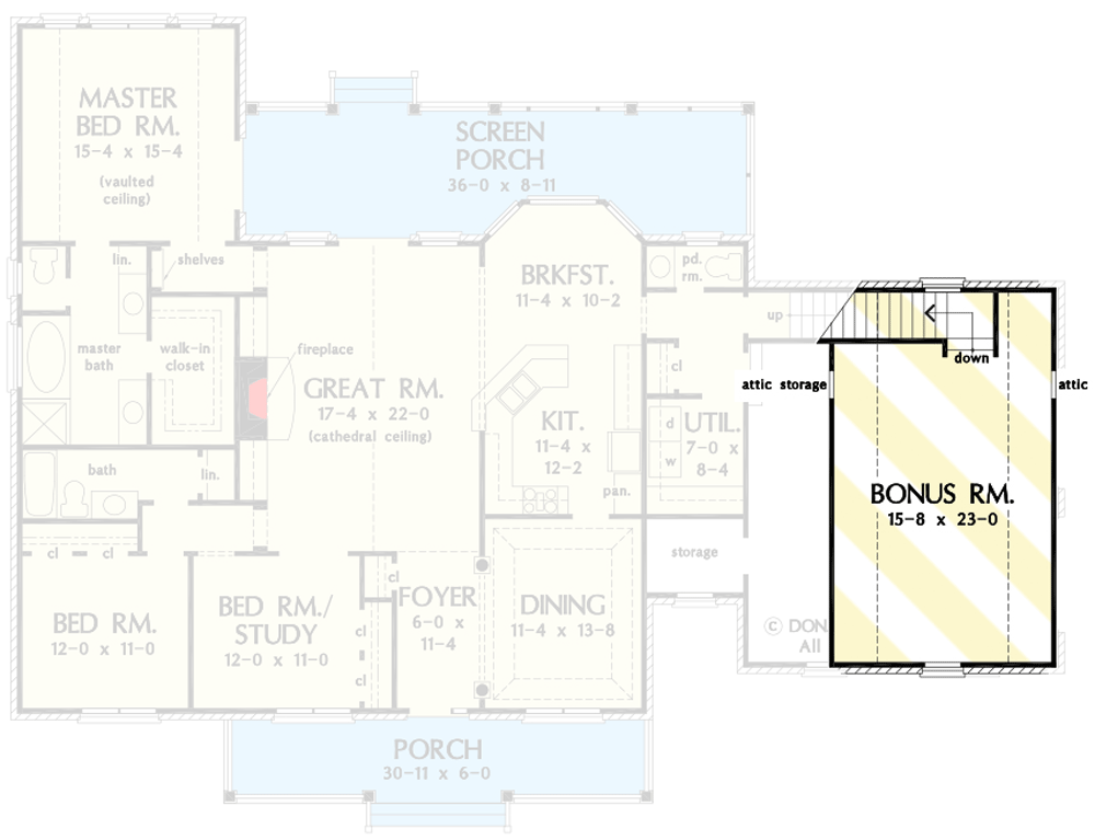 Plan 444177GDN: Traditional One-level House Plan with Bonus Room over Garage - Floor Plan - Bonus Room - Country, Ranch, Traditional