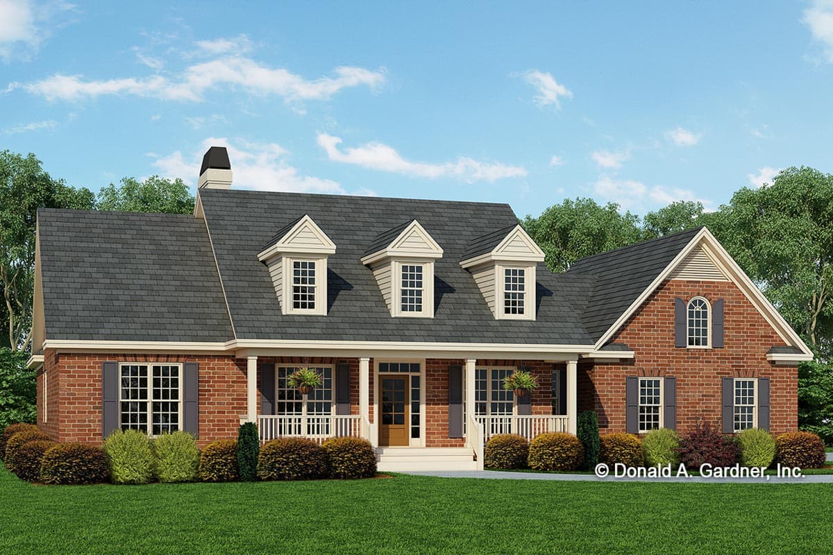 House plan exterior with brick facade, front porch, three dormers, and gabled roof. A two-story home with a chimney.