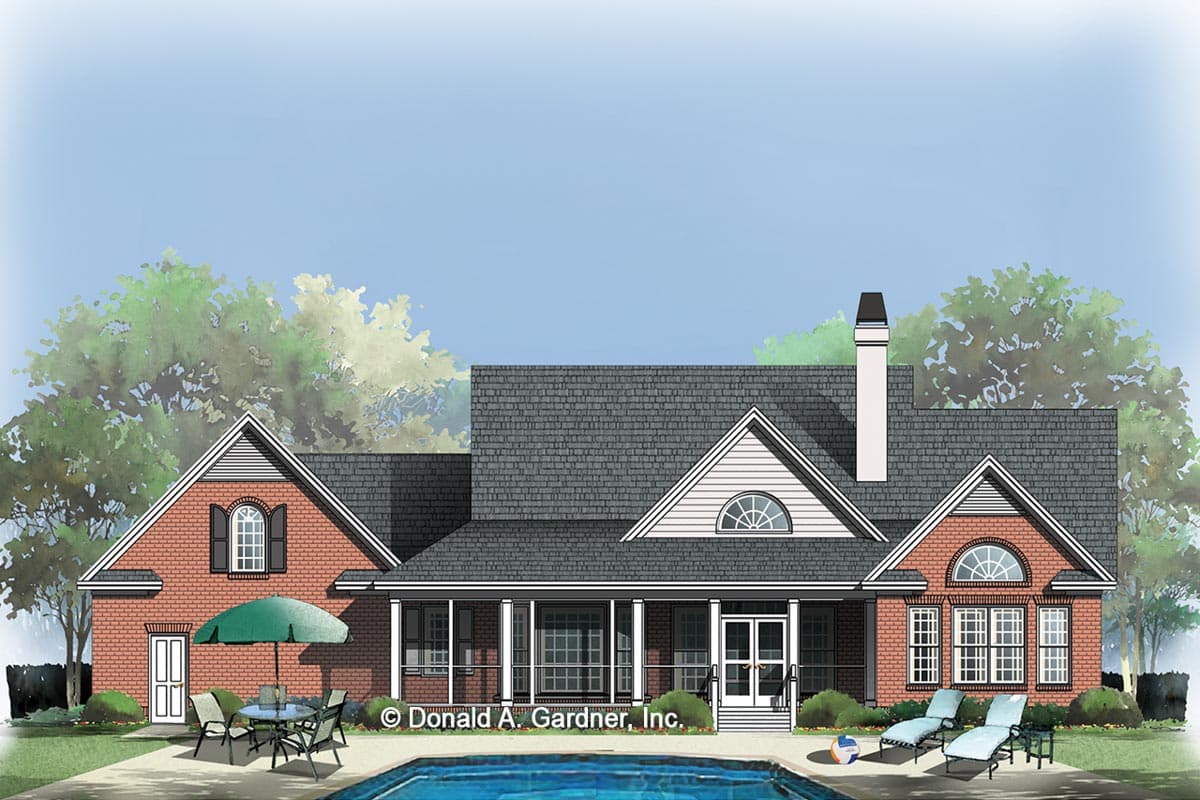 House plan exterior of a one-story brick home with a covered porch, gables, dormers, and a prominent chimney.