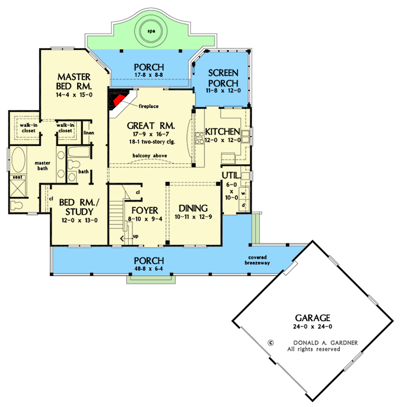 Plan 444181GDN: Modern Farmhouse with Cupola-lit Upstairs Loft and an Angled 2-Car Garage - 2018 Sq Ft - Floor Plan - Main Level - Country, Farmhouse, Modern Farmhouse, Southern, Traditional