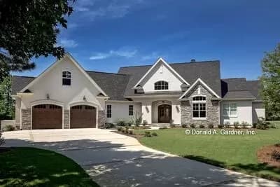 Angled Ranch House Plan with Stone and Siding Exterior