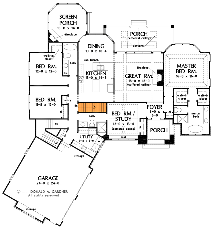 Plan 444186GDN: Craftsman Home Plan with Angled Garage, a Study and a Bonus Room - Floor Plan - Basement Stair Location - Craftsman, Traditional