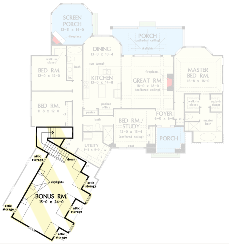Plan 444186GDN: Craftsman Home Plan with Angled Garage, a Study and a Bonus Room - Floor Plan - Bonus Room - Craftsman, Traditional