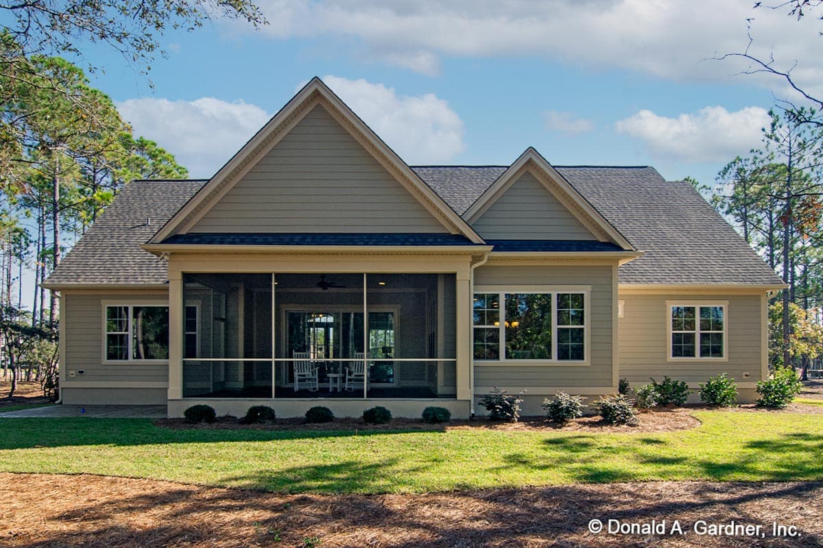 House plan exterior with a screened porch, gable rooflines, and multiple windows.