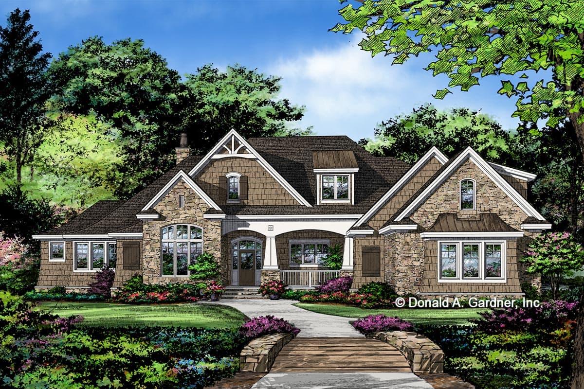 House plan exterior. Craftsman style with stone facade and gabled roof. Features include a front porch, dormers, and shake siding.