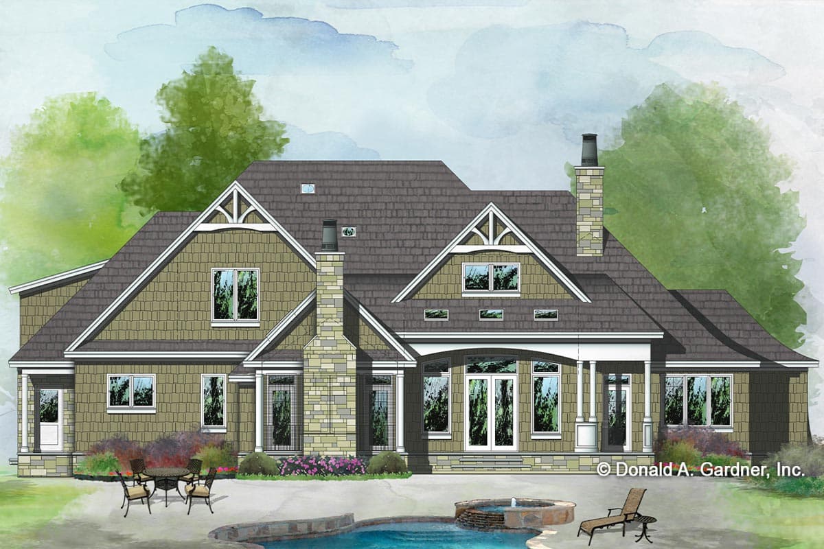 House plan exterior: Traditional style, multiple gables with decorative supports, stone chimneys, and a covered rear porch.