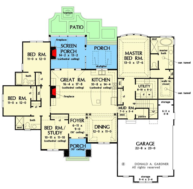 Plan 444195GDN: Whimsical Cottage Plan with Cathedral Ceilings and Screened Porch - Floor Plan - Main Level - Cottage, Country