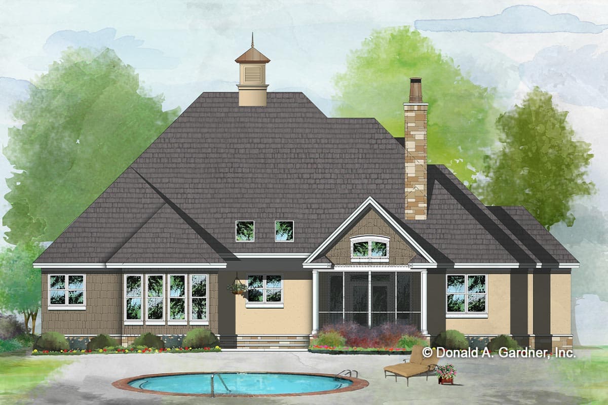 House plan exterior: One-story home with intersecting gables, a screened porch, dormer, cupola, and stone chimney.