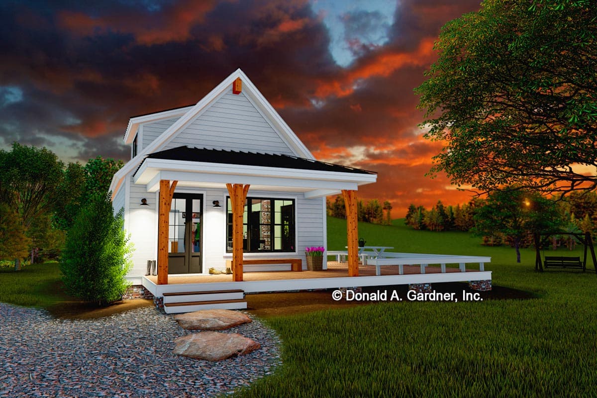 House plan exterior: Two-story Modern Farmhouse with a covered front porch, gable roof, and wooden support beams.