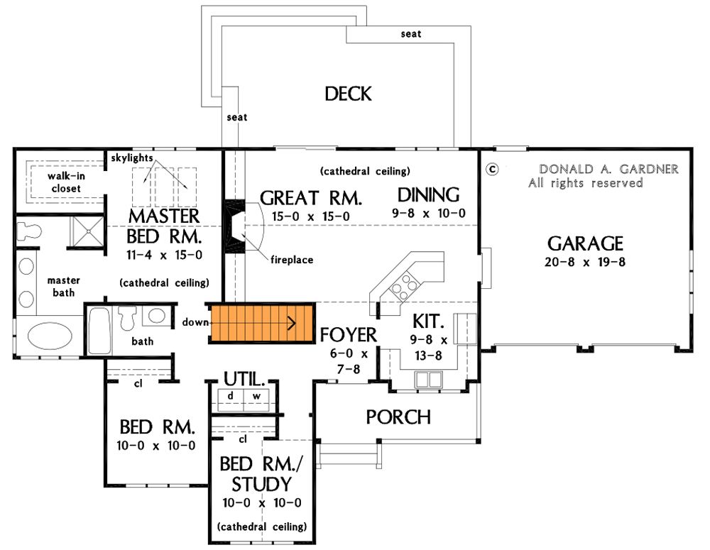 Plan 444200GDN: Simple 3 Bedroom Home Plan with Cathedral Ceilings - Floor Plan - Basement Stair Location - Ranch, Traditional
