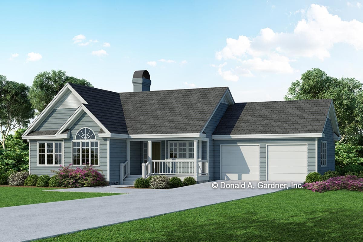 House plan exterior. One-story house with gabled roof, front porch, and attached two-car garage. Features arched window and chimney.