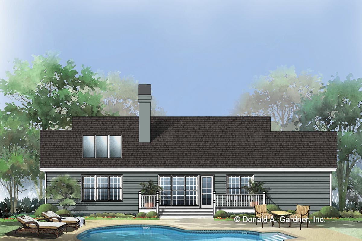 House plan exterior: Two-story home with dark roof, chimney, large windows, and deck overlooking a pool.