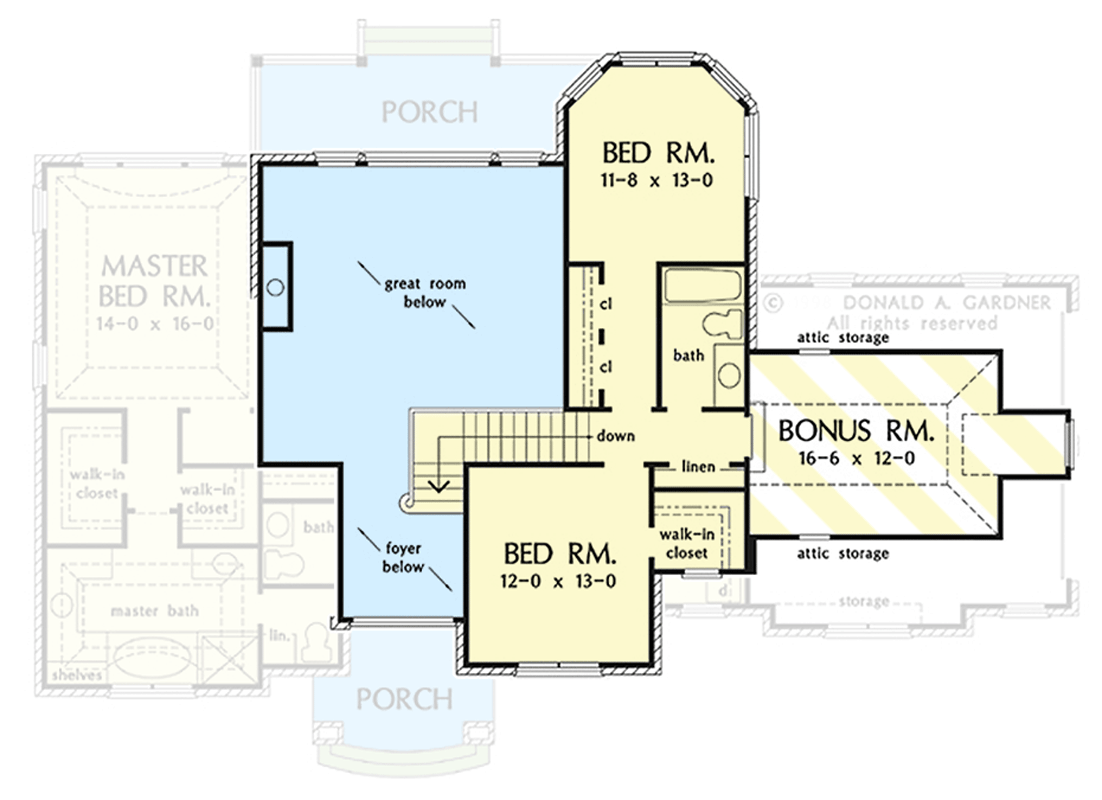Plan 444201GDN: Brick-clad Traditional Southern Home with Bonus Room - Floor Plan - Second Level with Bonus Room - Southern, Traditional