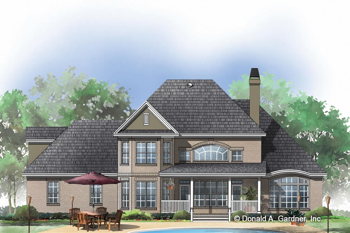 House plan exterior: Two-story brick home with arched dormer, covered porch, multiple gables, and large windows.