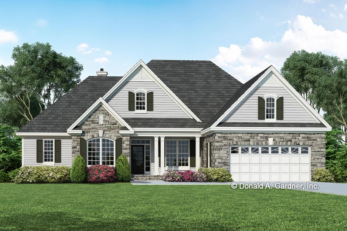 House plan exterior. One-story house with stone and shingle siding, a front porch with columns, gables, and a two-car garage.