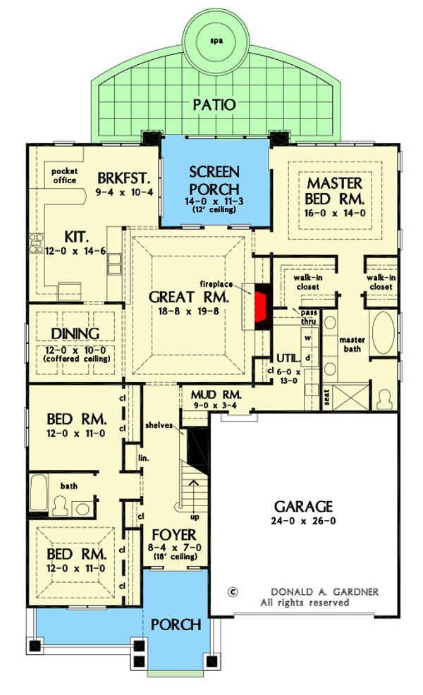 Plan 444210GDN: Craftsman Ranch-style House Plan Under 50 Feet Wide with Multi-Level Bonus Room - Floor Plan - Main Level - Cottage, Country, Craftsman, New American, Traditional