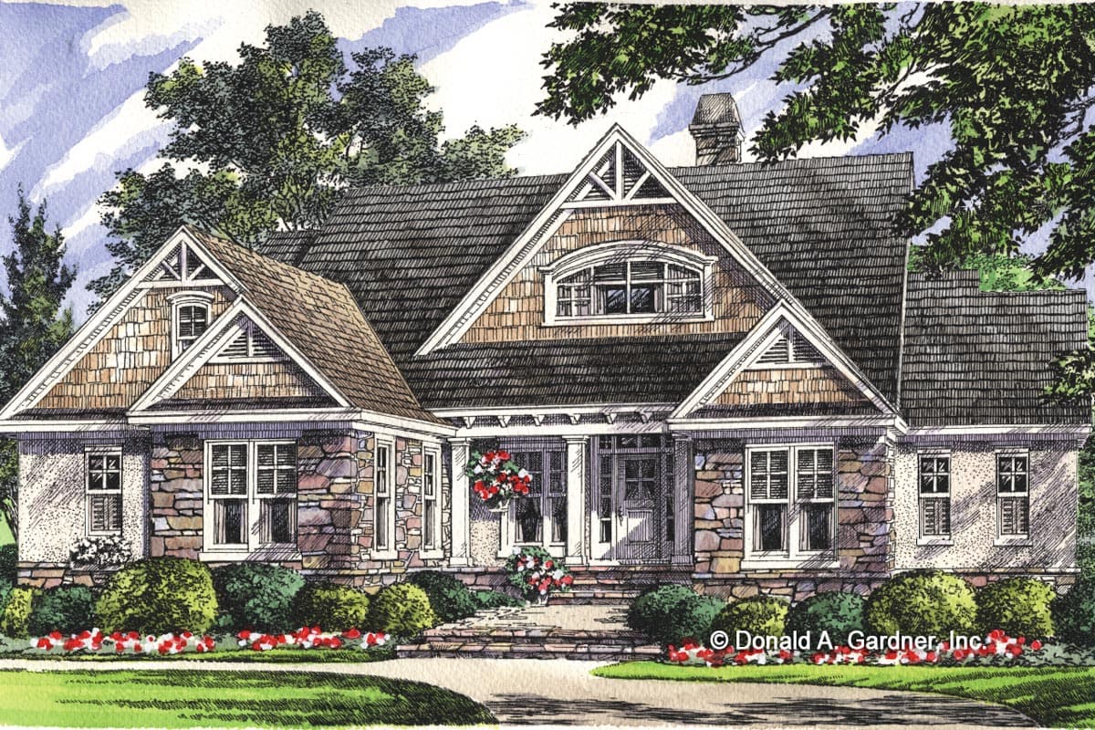 House plan exterior. Craftsman style, single-story home with gabled roof, stone facade, front porch, and dormers.