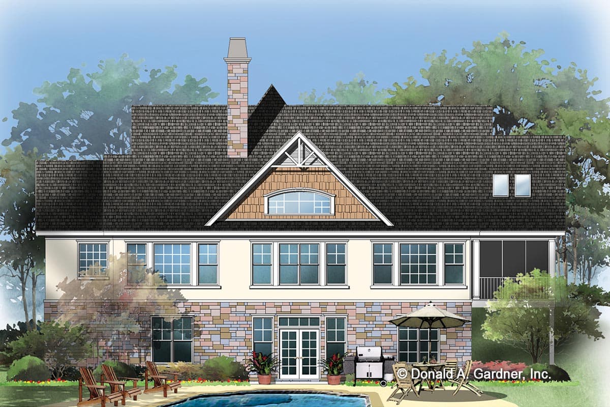 House plan exterior with stone accents, multiple gables, large windows, a chimney, and a screened porch.