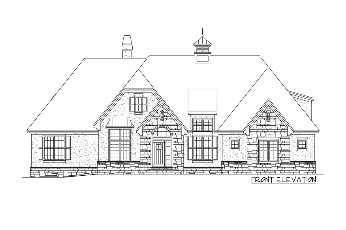 Front elevation of a house plan featuring stone accents, multiple gables, a prominent chimney, and a cupola.