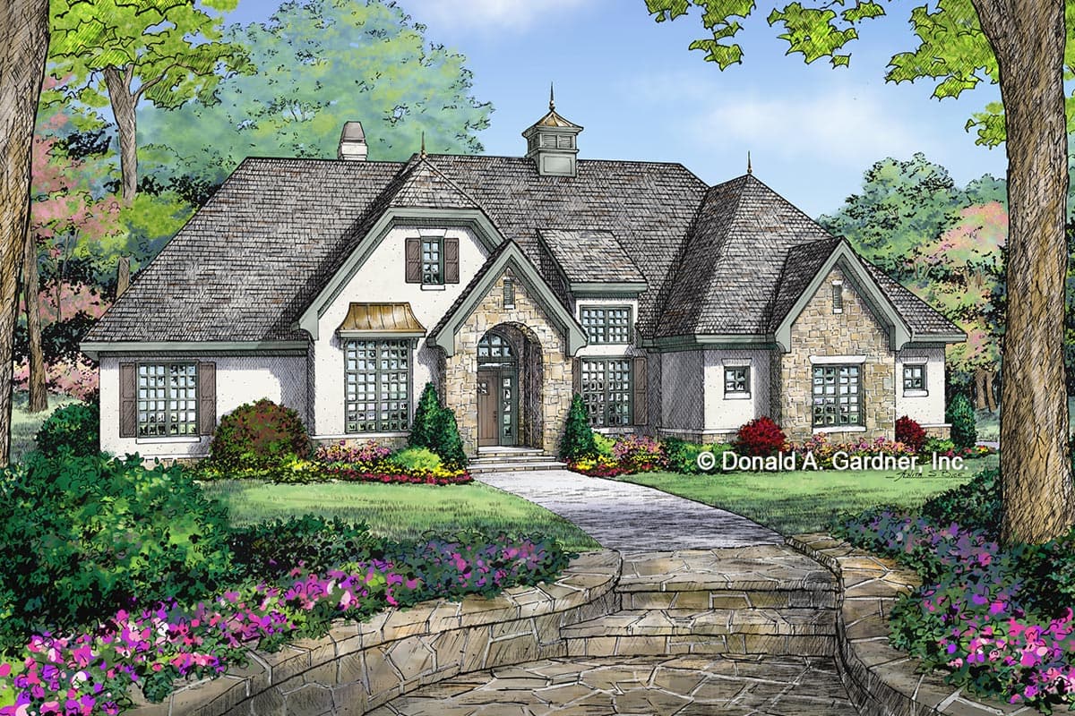 House plan exterior. Two-story, European-style home with multiple gables, stone accents, and a front entry archway.