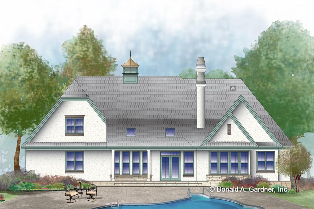House plan exterior drawing of a two-story home with gables, dormers, a cupola, and a chimney.