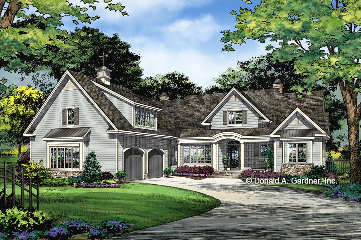 House plan exterior rendering. Two-story home in a transitional style with gabled roof, dormers, covered porch entry, and attached garage.