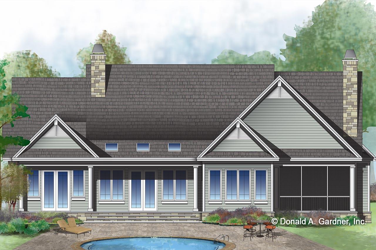 House plan exterior, two stories, pitched roofs, gables, two stone chimneys, and a screened porch.