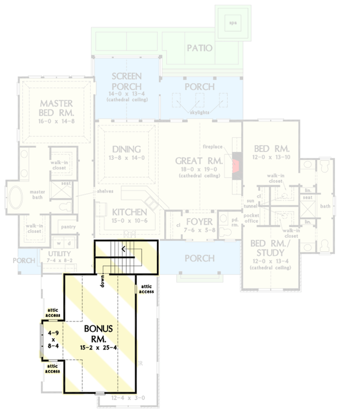 Plan 444219GDN: Rustic One-story Home Plan with Partially-screened Porch - Floor Plan - Bonus Room - Country, Craftsman, Ranch