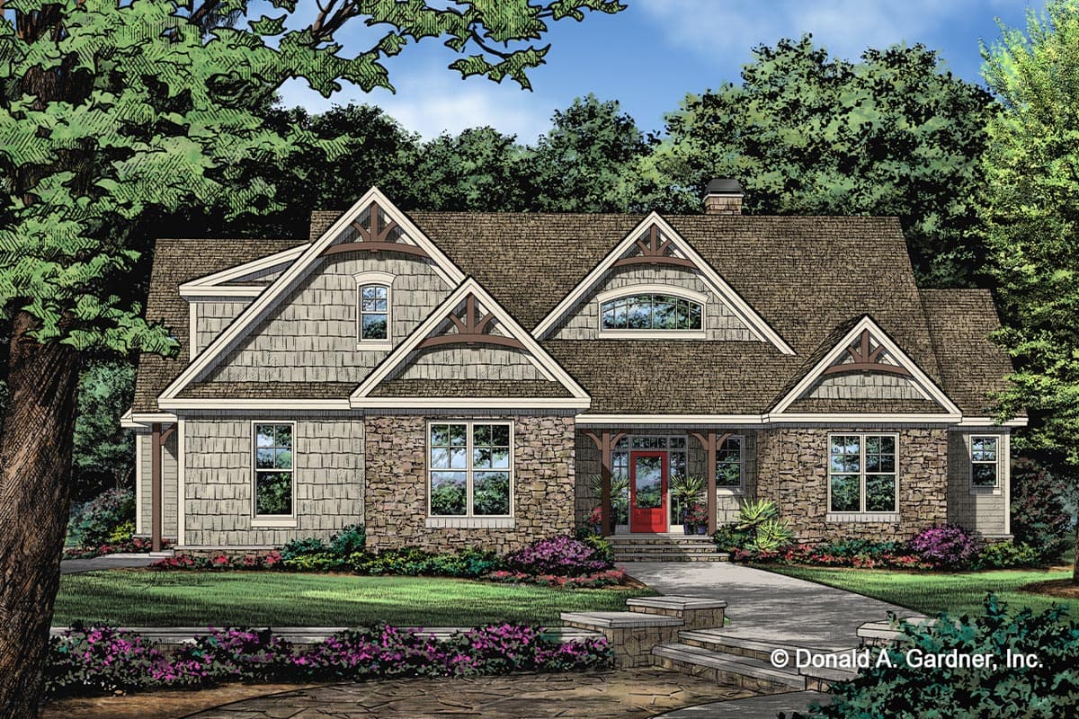 House plan exterior featuring a Craftsman style. The one-story design has multiple gables, a covered porch, and a stone facade with wood accents.