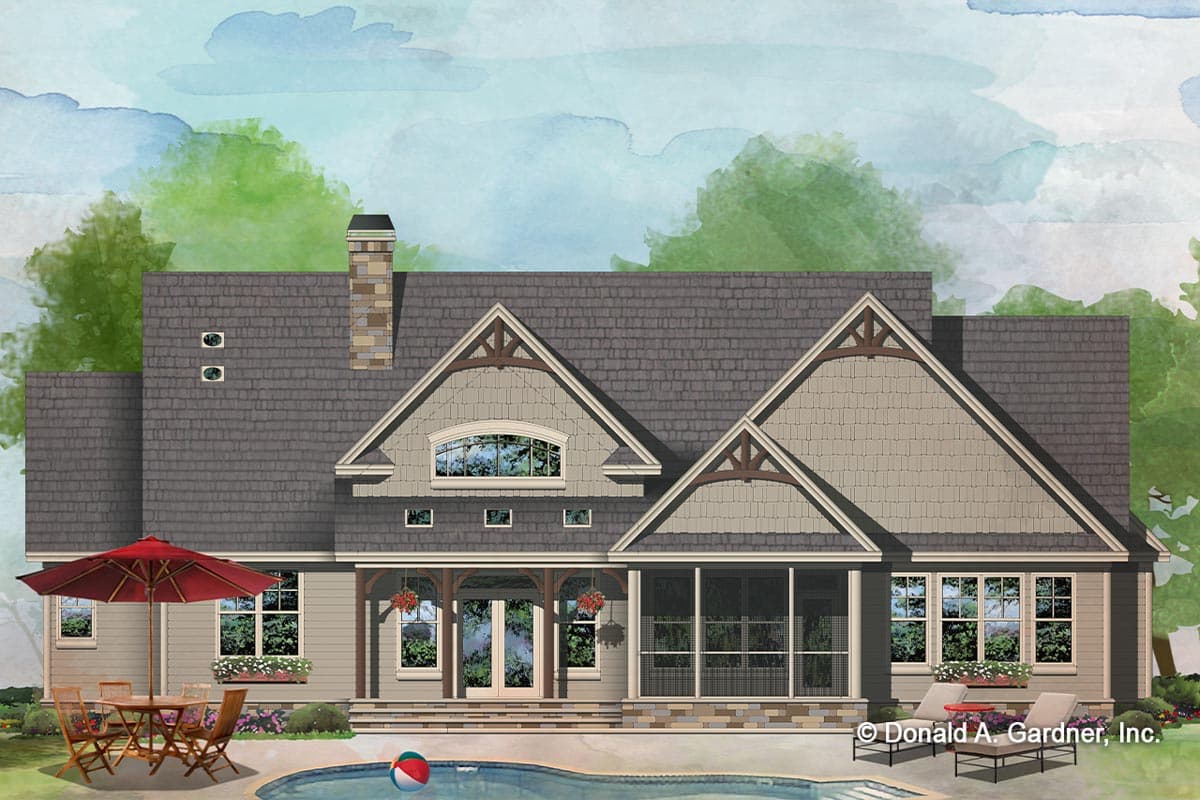 House plan exterior featuring a stone chimney, dormer window, covered porch, and screened porch.