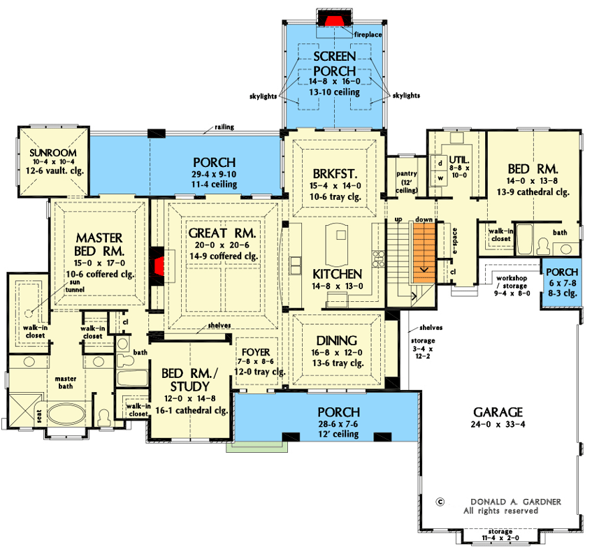 Plan 444220GDN: Hillside-Walkout Craftsman Home Plan with Sunroom Off Master Suite - Floor Plan - Main Level - Country, Craftsman, Mountain, New American