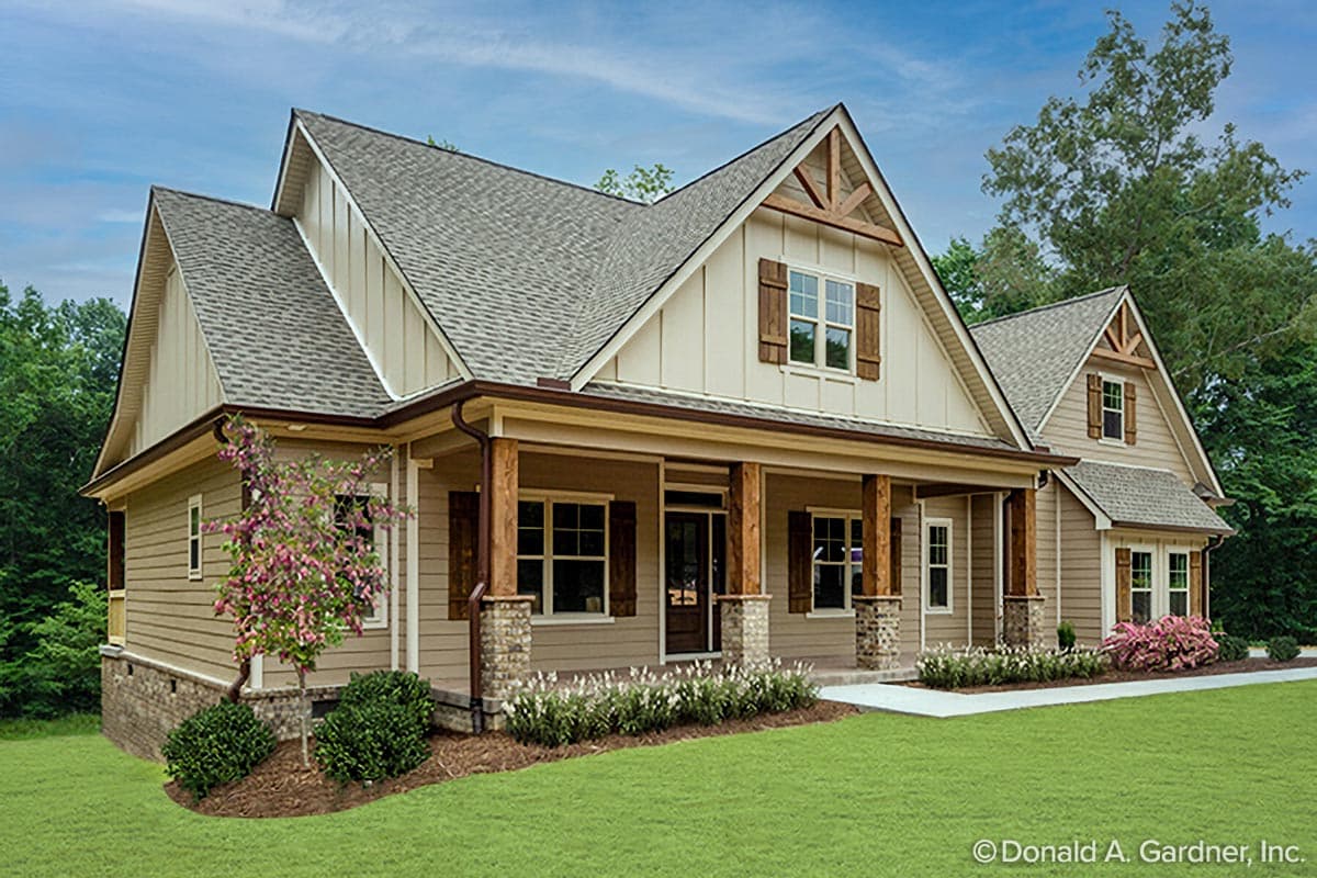 House plan exterior: Craftsman style, two stories, wrap-around porch, prominent gables with wooden bracing, and board-and-batten siding.