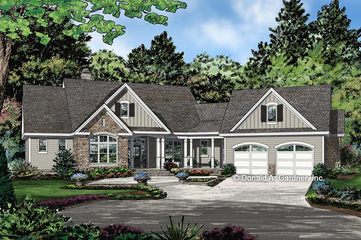 House plan exterior. Craftsman style, single-story home with gables, a covered porch, and a two-car garage. Stone and siding exterior.