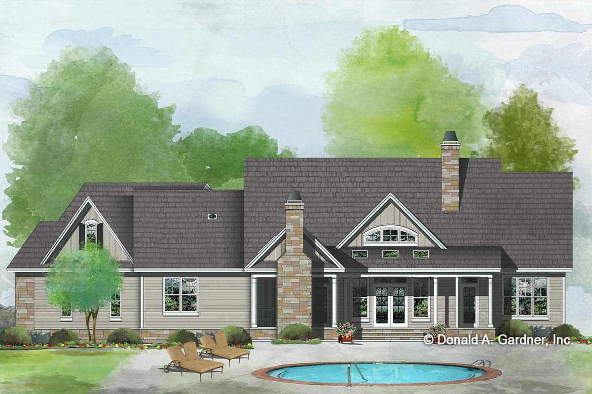 House plan exterior showing a two-story home with gables, stone accents, multiple windows, and a covered porch.